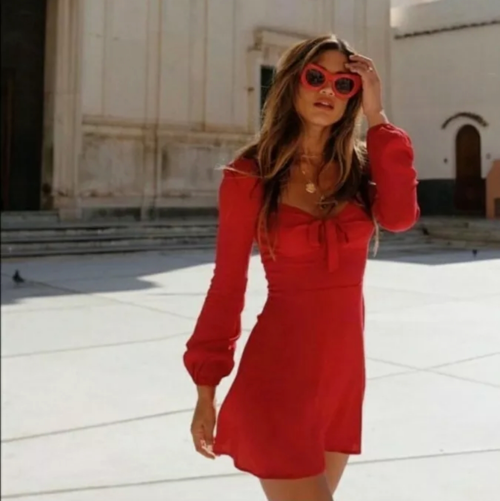 Reformation Red Long-Sleeve Tie-Front Mini Dress